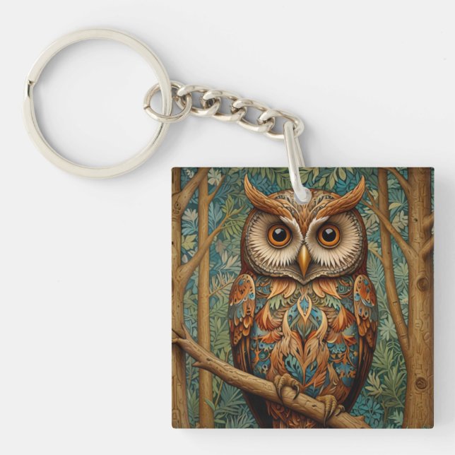 Elegant retro owl boho bohemian forest greenery  key ring (Front)