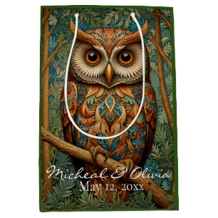 Elegant retro owl boho bohemian forest greenery  medium gift bag