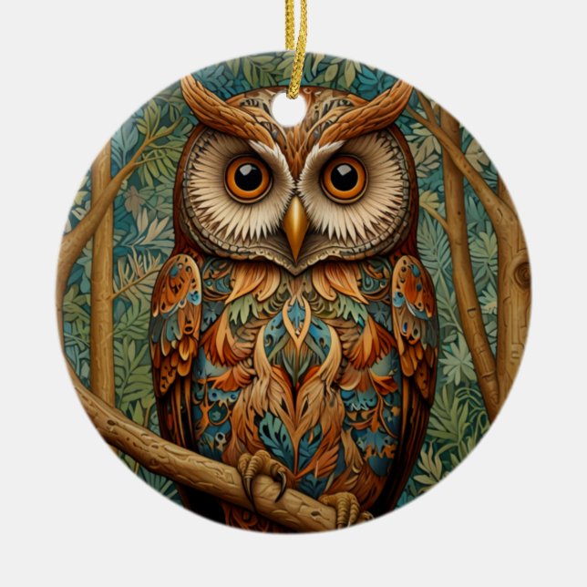 Elegant retro owl forest greenery  ceramic tree decoration (Front)