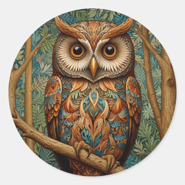 Elegant retro owl forest greenery  classic round sticker (Front)