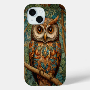 Elegant retro owl forest greenery iPhone 15 case