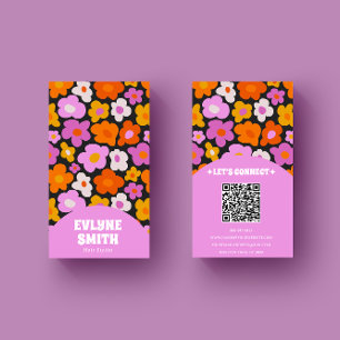Elegant Retro Pink Colourful QR Code Groovy Floral Business Card