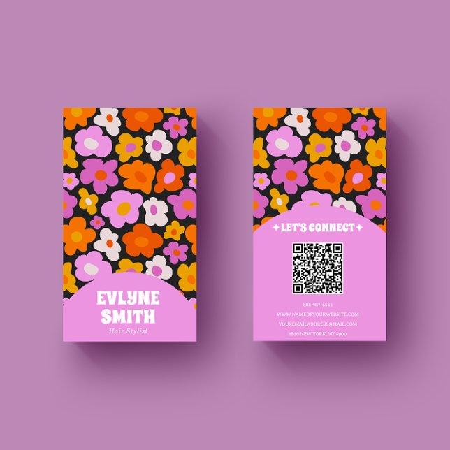 Elegant Retro Pink Colourful QR Code Groovy Floral Business Card (Creator Uploaded)