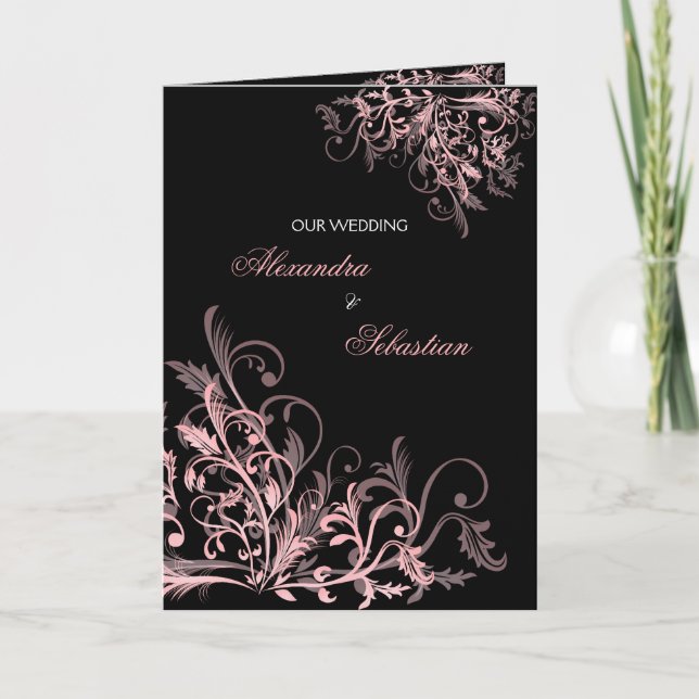 Elegant Retro Pink Flower Swirl Wedding Invitation (Front)