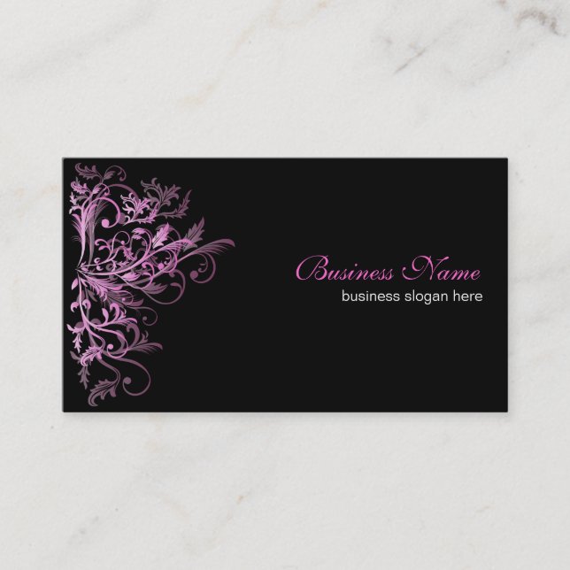 Elegant Retro Pink Flower Swirls Business Card (Front)