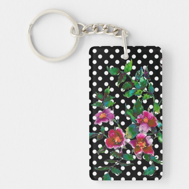 Elegant retro pink magenta watercolor roses polka  key ring (Front)
