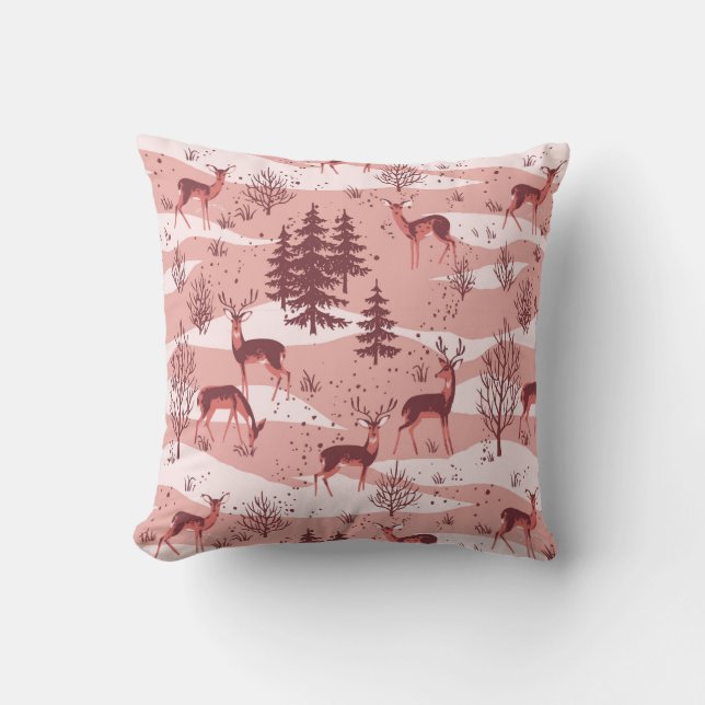 Elegant Retro Pink Red Woodland Deer Cushion (Front)