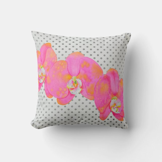 Elegant retro pink watercolor orchids polka dots cushion (Front)