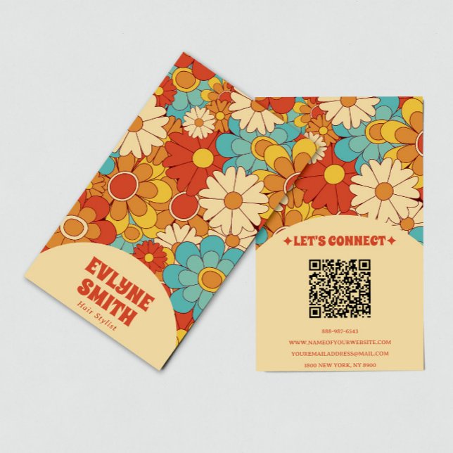 Elegant  Retro QR Code Groovy Floral Trendy Boho Business Card (Creator Uploaded)