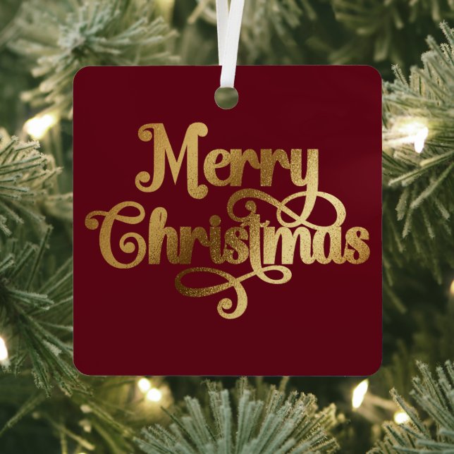 Elegant Retro Red and Gold Merry Christmas Photo Metal Tree Decoration (Insitu)