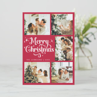Elegant Retro Red and White Merry Christmas Family Holiday Card