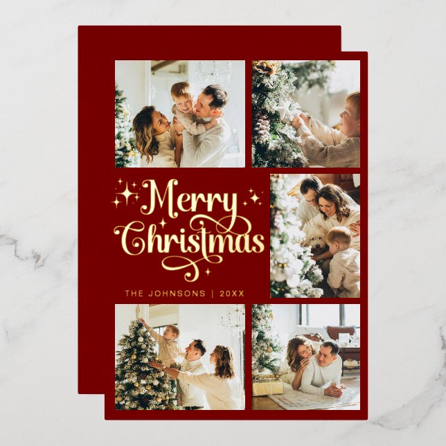 Elegant Retro Red & Gold Merry Christmas Family Foil Holiday Card (Front/Back)