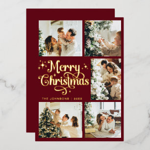 Elegant Retro Red & Gold Merry Christmas Family Foil Holiday Card