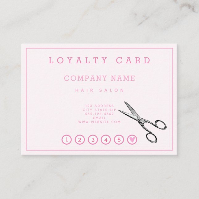 Elegant Retro Scissors  Pink Hairsalon Loyalty Business Card (Front)