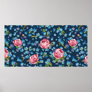 Elegant retro seamless pattern with pink peonies f poster