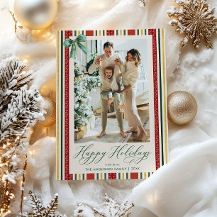 Elegant Retro Stripes Bow Happy Holidays 1 Photo Holiday Card