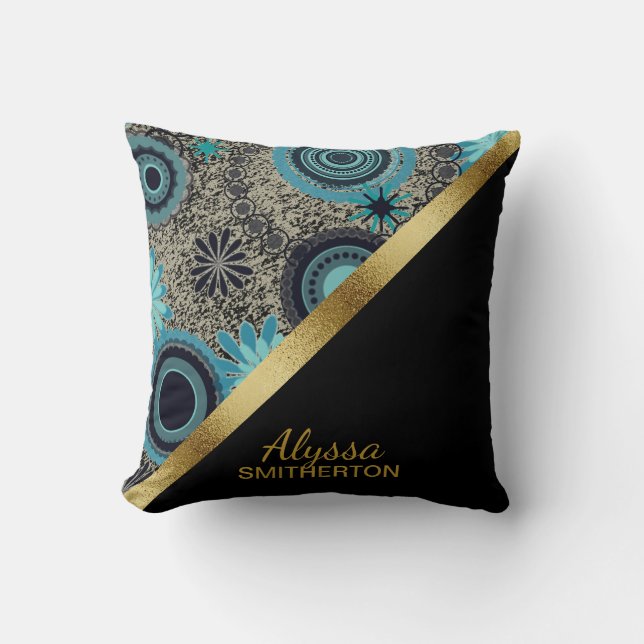 Elegant Retro Teal Black Gold Personalised Cushion (Front)