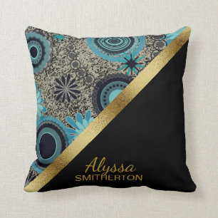 Elegant Retro Teal Black Gold Personalised Cushion