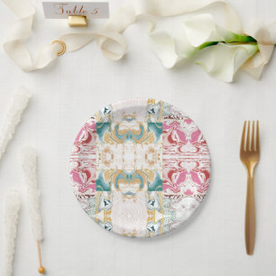 Elegant Retro Teal & Pink Marble Fluid Art Mosaic Paper Plate