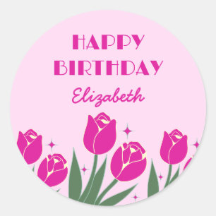 Elegant Retro Tulip Floral Pink Birthday  Classic Round Sticker
