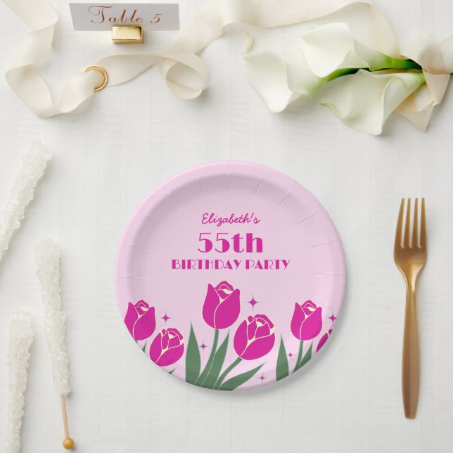 Elegant Retro Tulip Floral Pink Birthday  Paper Plate (Wedding)