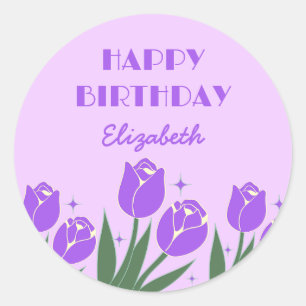 Elegant Retro Tulip Floral Purple Birthday Classic Round Sticker