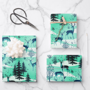 Elegant Retro Turquoise Blue Woodland Deer Wrapping Paper Sheet