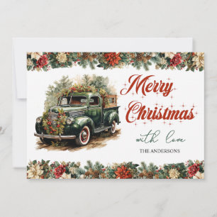 Elegant Retro vintage Christmas green truck Holiday Card