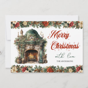 Elegant Retro vintage cosy Christmas fireplace Holiday Card