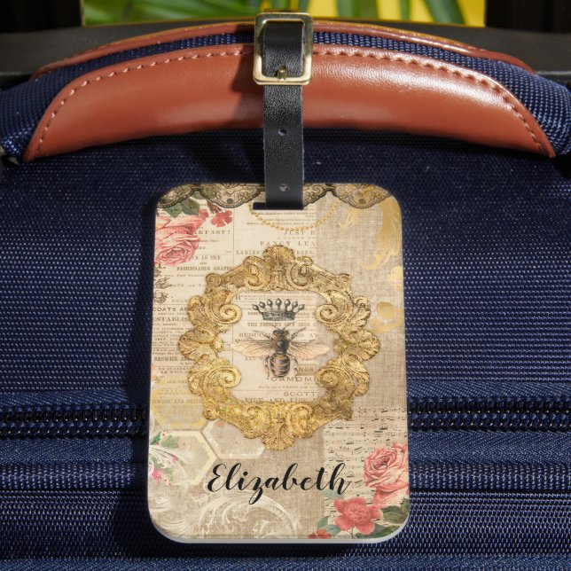 Elegant Retro Vintage Floral Decoupage Luggage Tag (Front Insitu 2)