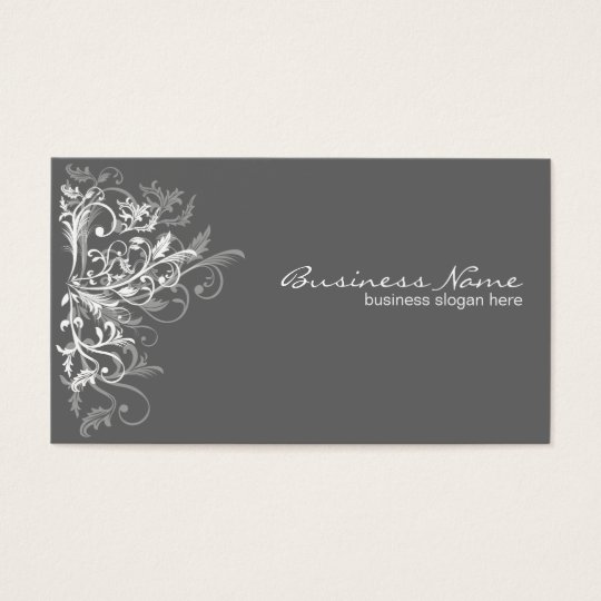 Elegant Retro White Flower Swirls Dark Grey Business Card
