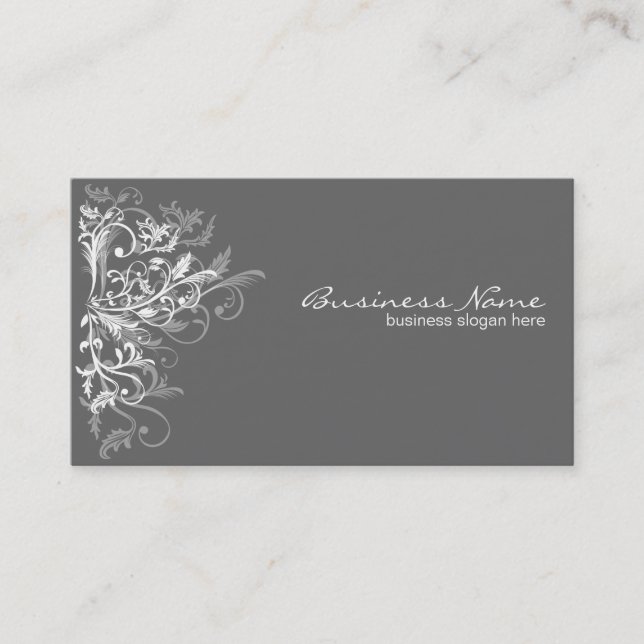 Elegant Retro White Flower Swirls Dark Grey Business Card (Front)