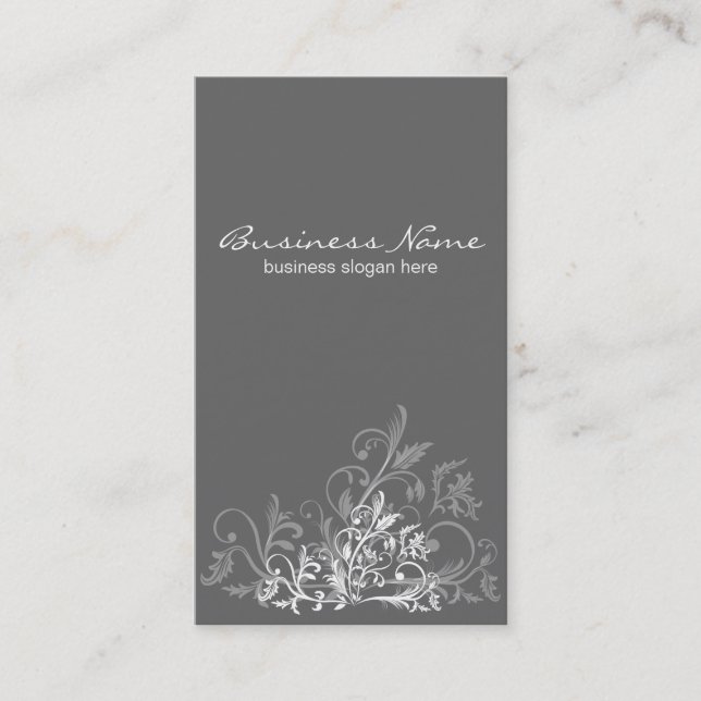 Elegant Retro White Flower Swirls Dark Grey Business Card (Front)