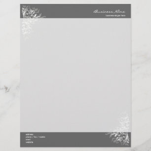Elegant Retro White Flower Swirls Dark Grey Letterhead Template