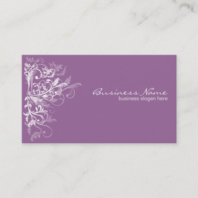 Elegant Retro White Flower Swirls Lavender Business Card (Front)