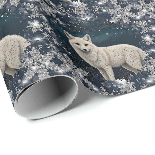 Elegant retro white winter fox sparkling snowflake wrapping paper (Roll Corner)