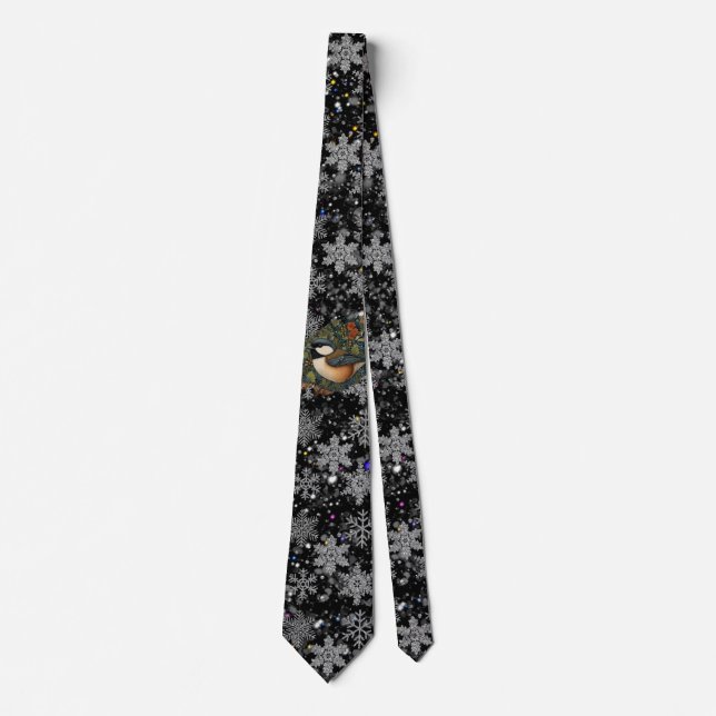 Elegant retro winter woodland bird snowflakes tie (Front)