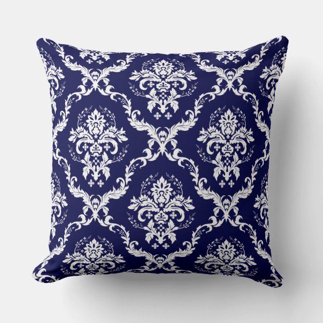 Elegant Reversible Navy Blue & White Floral Damask Cushion (Front)
