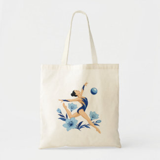 Elegant rhythmic gymnast with blue flowers bag