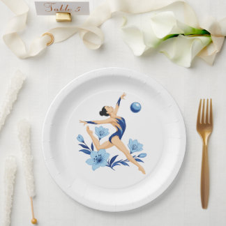 Elegant Rhythmic Gymnast with Blue Flowers Paper Plate