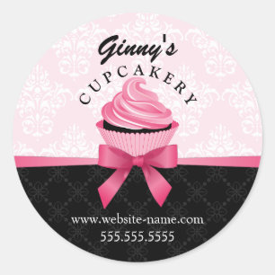 Elegant Ribbon and Damask Cupcake Bakery Packaging Classic Round Sticker