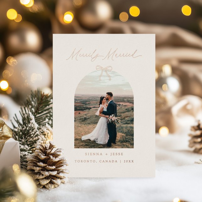 Elegant Ribbon Arch Photo Merrily Married Wedding Foil Holiday Card (Creator Uploaded)