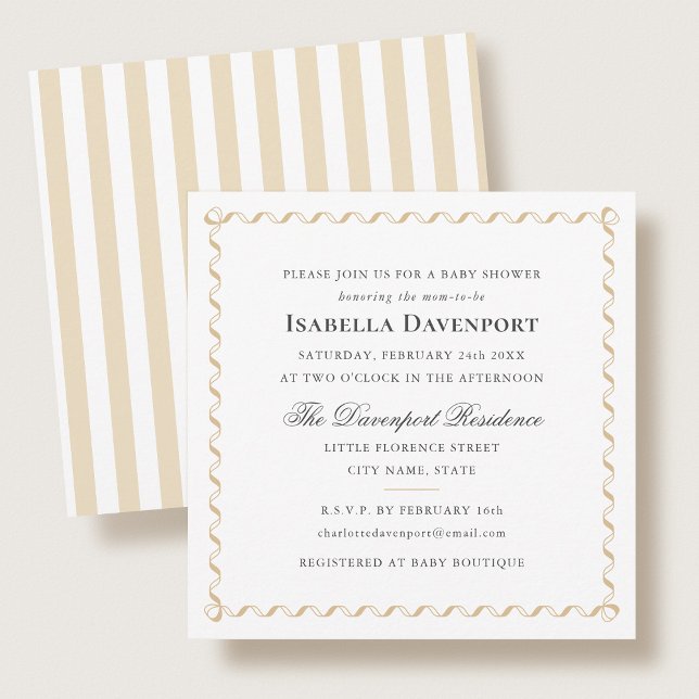Elegant Ribbon Baby Shower Stripes Gold Square Invitation (Creator Uploaded)