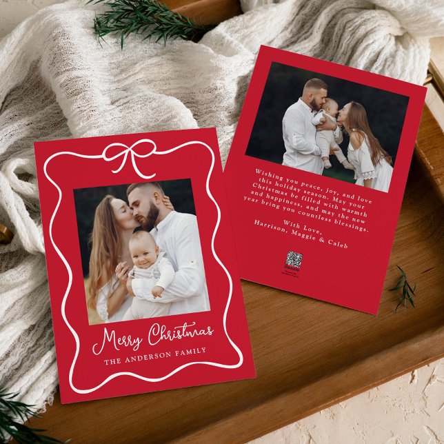 Elegant Ribbon Bow Red 2 Photo Holiday Card (Creator Uploaded)