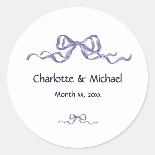 Elegant Ribbon & Bow Romantic White & Navy Wedding Classic Round Sticker (Front)