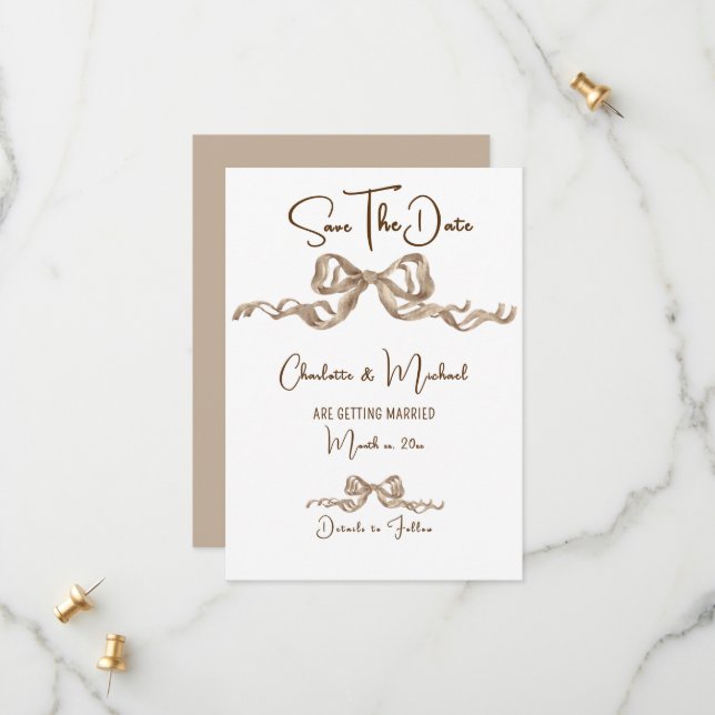 Elegant Ribbon & Bow Warm Brown Classic Wedding Save The Date (Front/Back In Situ)
