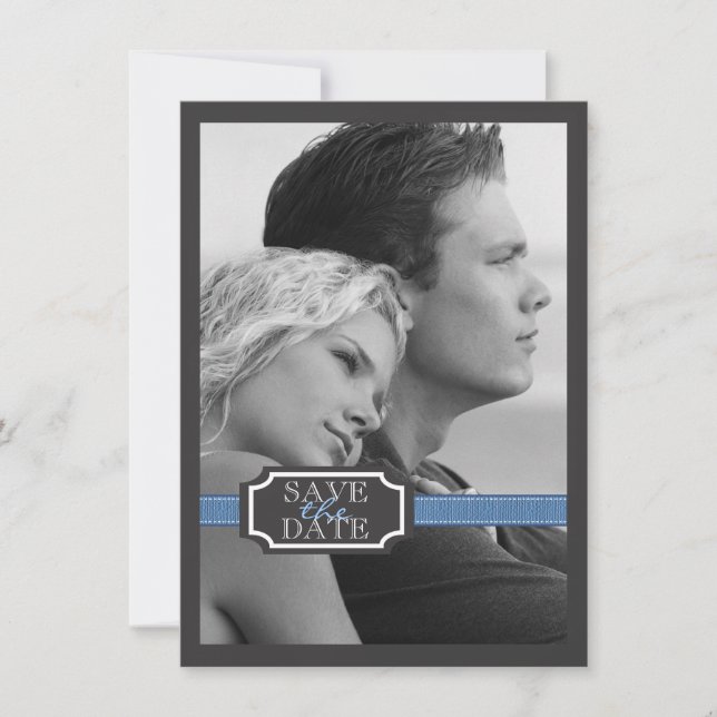 Elegant Ribbon Effect in Blue Save the Date (Front)