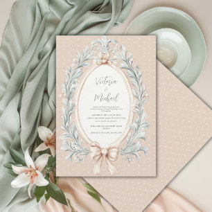 Elegant Ribbon Frame Greenery Vintage Wedding Invitation
