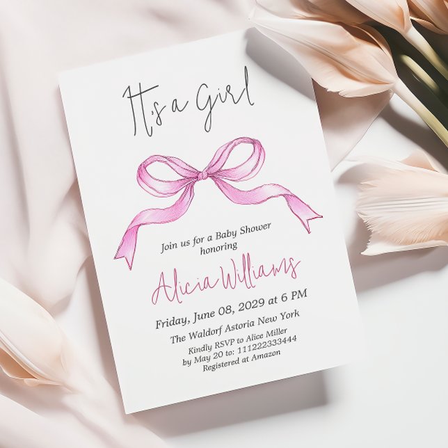 Elegant Ribbon Pink Bow Baby Girl Baby Shower Invitation (Creator Uploaded)