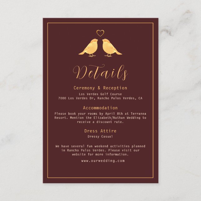 Elegant Rich Burgundy & Gold Birds Wedding Details Enclosure Card (Front)